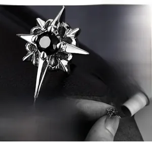 Macro shot of North Star stud earrings featuring black zircon and silver plated metal
