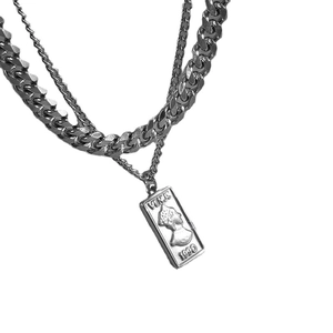 Silver layered necklace with Cuban chain and rectangular Venus portrait pendant charm