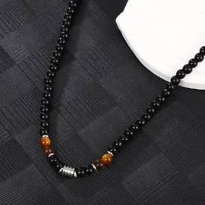 Collar de Cuentas de Obsidiana de Acero de Titanio para Hombre Retro Con Cuentas de la Suerte de Ojo de Tigre Amarillo Joyas