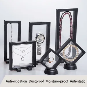 Transparent PE film floating display boxes in various sizes with black bases for jewelry