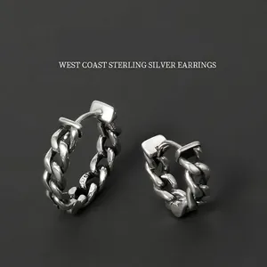 Boucles d'oreilles créoles en argent sterling 925 avec design chaîne de style punk