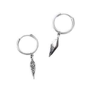 Retro geometric cone dangle earrings in textured silver-tone metal for men and women