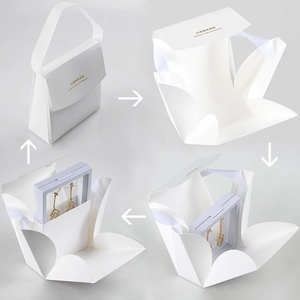 White minimalist PE film jewelry box showing a folding sequence for earrings