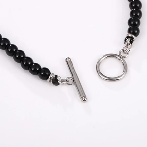 Collar de cuentas de obsidiana vintage para hombre con cierre OT plateado de alta calidad
