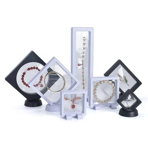 Multi-size PE film floating jewelry display boxes in black and lavender with stands