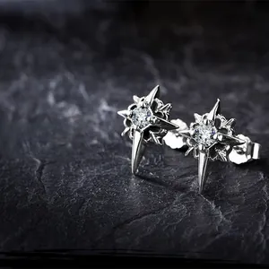 Macro shot of silver Polaris star earrings with sparkling round zircon on stone base