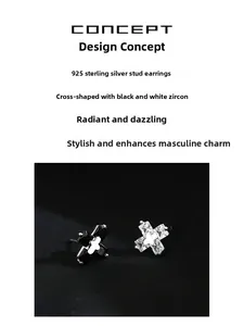 Detailed macro view of 925 sterling silver cross earrings with black and white zircon stones