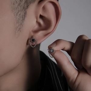 Men's Silver Plated Star Chain Stud Earrings With Silver Earring Post Rhinestone Octagram Star Link Hip Hop Fashion Jewelry