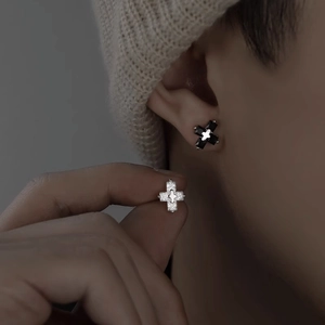 Vintage Copper Cross Stud Earrings For Men Women Hip Hop Style 925 Sterling Silver Earring Post Rhinestone Inlaid Jewelry Gift