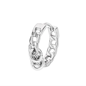 Silver chain hoop earring with double hanging rings for men in a minimalist industrial style