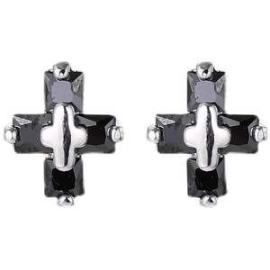 Sterling silver cross stud earrings for men with prong-set faceted black zircon stones