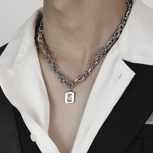 Hip hop silver chain necklace with square zircon pendant for men, minimalist jewelry style