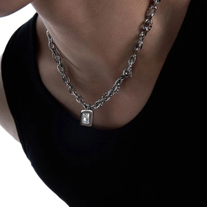Hip Hop Titanium Steel Square Rhinestone Pendant Necklace Unisex Double Layer Heavy Chain Punk Choker Jewelry Gift
