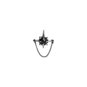 Star-shaped silver stud earring with center black gemstone and long twisted chain link