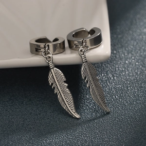 Boucles d'oreilles clip plume en acier titane argenté pour oreilles non percées sur plateau