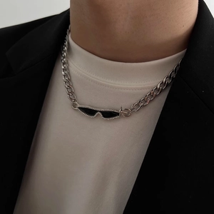 Men's titanium steel cuban chain necklace with sparkling sunglasses pendant and zircon inlay