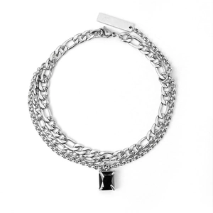 Triple layer silver titanium steel chain necklace with black rectangular pendant for men