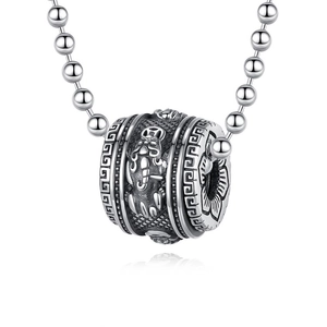 Retro silver pendant necklace with carved PiXiu charm and round bead chain on white
