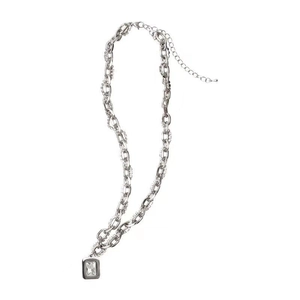 Hip hop silver chain necklace featuring an emerald-cut square zircon pendant for men