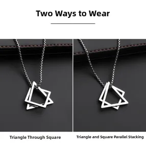 Detail view of silver geometric triangle and square pendants showing two styling options