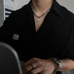 Men's silver hip-hop chain necklace with square zircon pendant in a double-layered style