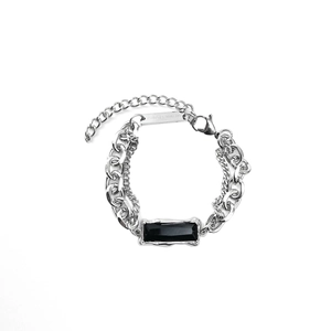 Bracelet à chaîne argentée minimaliste avec pierre noire rectangulaire pour hip-hop