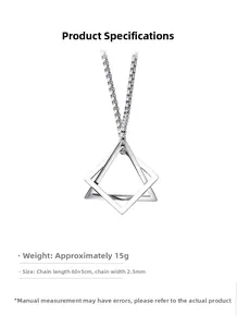 Detail of geometric silver pendant with box chain dimensions and weight info
