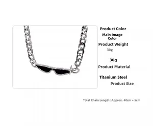 Detail of titanium steel sunglasses pendant with sparkling pavé crystals and chain