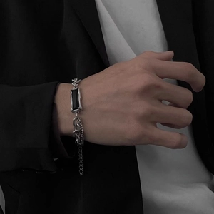 Bracelet en Acier Titane Hip Hop pour Hommes Pendentif Rectangle Zirconia Noir Double Chaîne Épissée Bijoux Cadeau