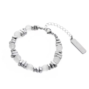 Bracelet minimaliste en œil de chat avec perles argentées et chaîne de rallonge réglable