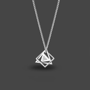 Silver geometric triangle and square pendant necklace with a small zircon on a dark chain