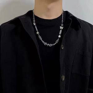 Stainless Steel Butterfly Dice Pendant Necklace Artificial Crystal Beads Chain Hip Hop Streetwear Unisex Fashion Jewelry Accessory