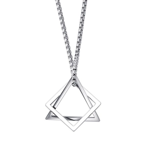 Minimalist silver geometric pendant necklace with interlocking hollow diamond shapes for men