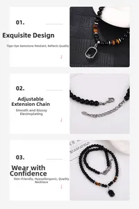 Detail of tiger eye beaded necklace with octagonal black gemstone pendant and S925 clasp