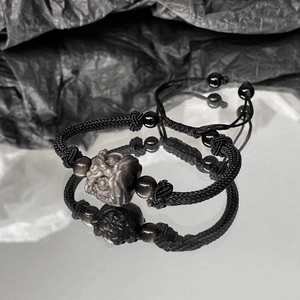 Men Neo-Chinese Guardian Lion Braided Bracelet Handmade Adjustable Black Rope Amulet Lion Dance Pattern Jewelry For Daily Decor