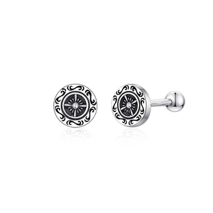 Vintage silver cross helm stud earrings with barbell screw back and antique finish
