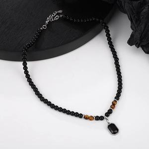 Vintage Tiger Eye Cat's Eye Stone Beaded Necklace For Men Women Stainless Steel Black Rhinestone Geometric Pendant Jewelry