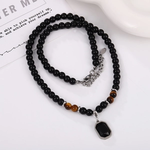 Tiger eye and black stone beaded necklace with octagonal pendant for men and women