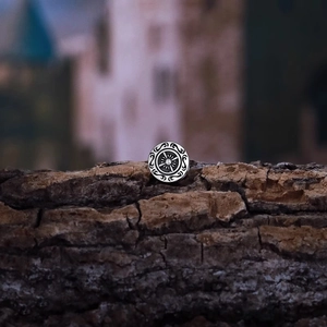 Retro cross helm stud earring for men with vintage engraved sun totem on tree bark