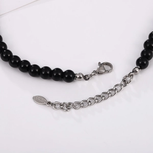 Tiger eye beaded necklace with black stones and stainless steel lobster clasp and chain