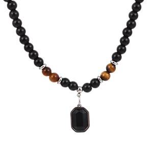 Beaded tiger eye and black onyx stone necklace with rectangular pendant and silver frame