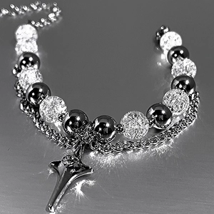 Double-layer ice crack bead bracelet with gothic cross pendant and stainless steel chain