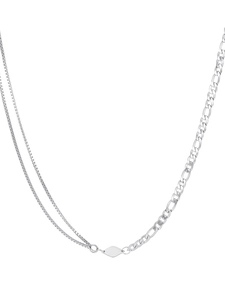 Detailed macro view of a silver minimalist spliced necklace with Figaro and box chain links