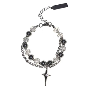 Double-layer beaded bracelet with ice-crack beads and star pendant on a clean white background
