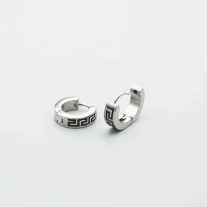 Men Stainless Steel Greek Key Hoop Earrings Simple Silver Geometric Meander Pattern Ear Buckle Fashion Jewelry Accessories
