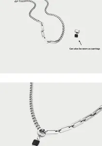 Collana in titanio con catena geometrica e ciondolo nero staccabile utilizzabile come orecchino