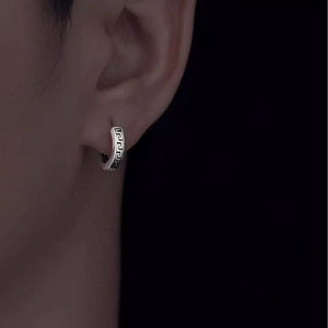 Titanium steel greek key pattern hoop earrings for men with silver polished finish