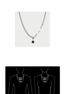 Dettaglio della collana in acciaio al titanio con guida alle lunghezze 55cm, 60cm e 70cm