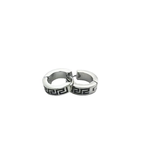 Titanium steel silver hoop earrings for men featuring a black Greek meander pattern