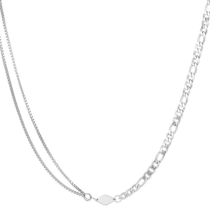Minimalist silver patchwork chain necklace with a polished diamond-shaped pendant